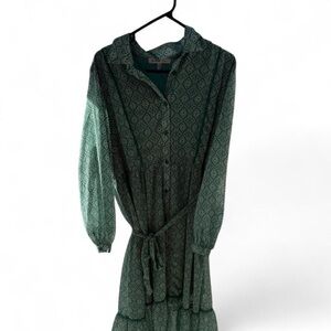 Chic Green Patterned Long Sleeve Dress